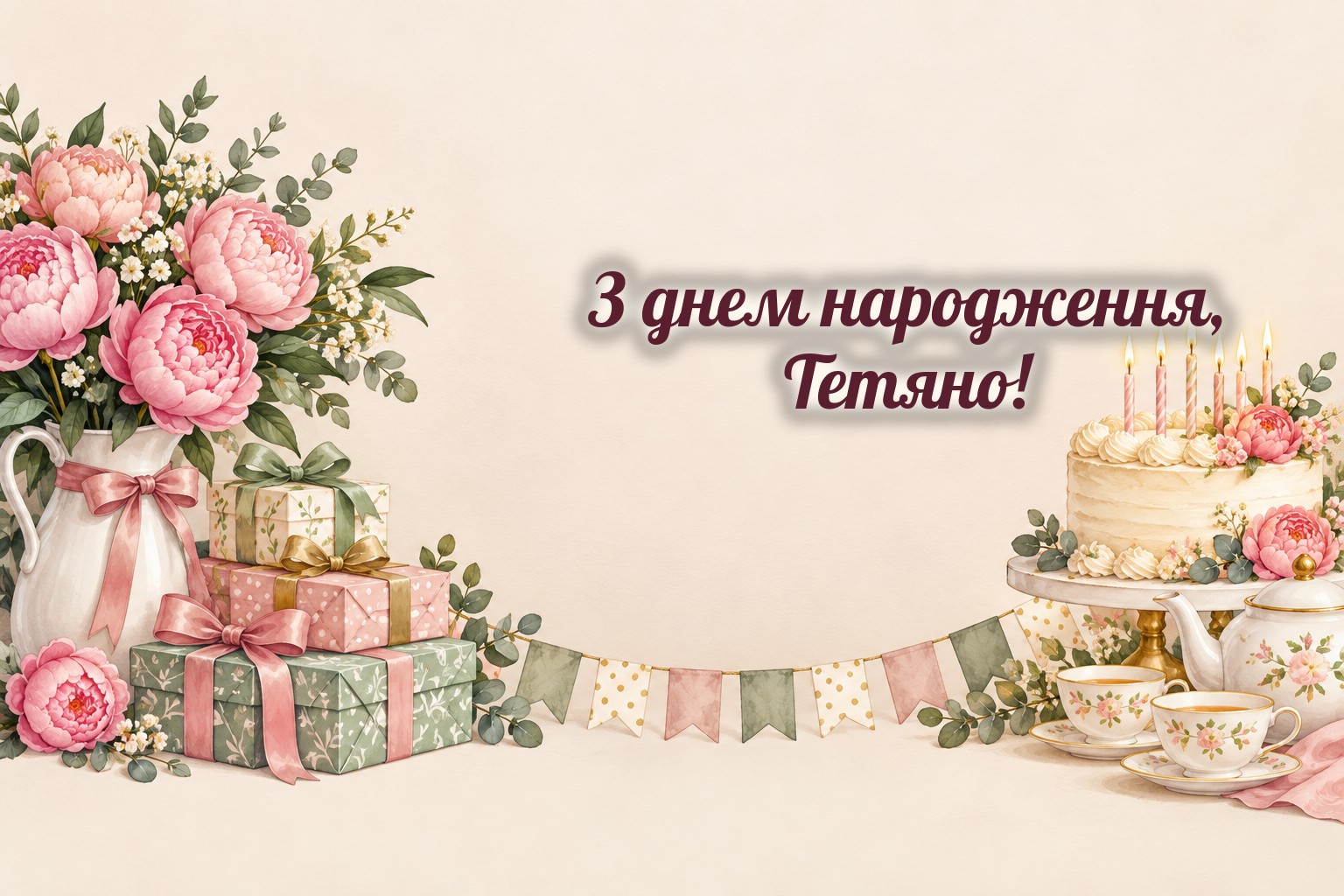 З днем народження, Тетяно: півонії, торт зі свічками і подарунки