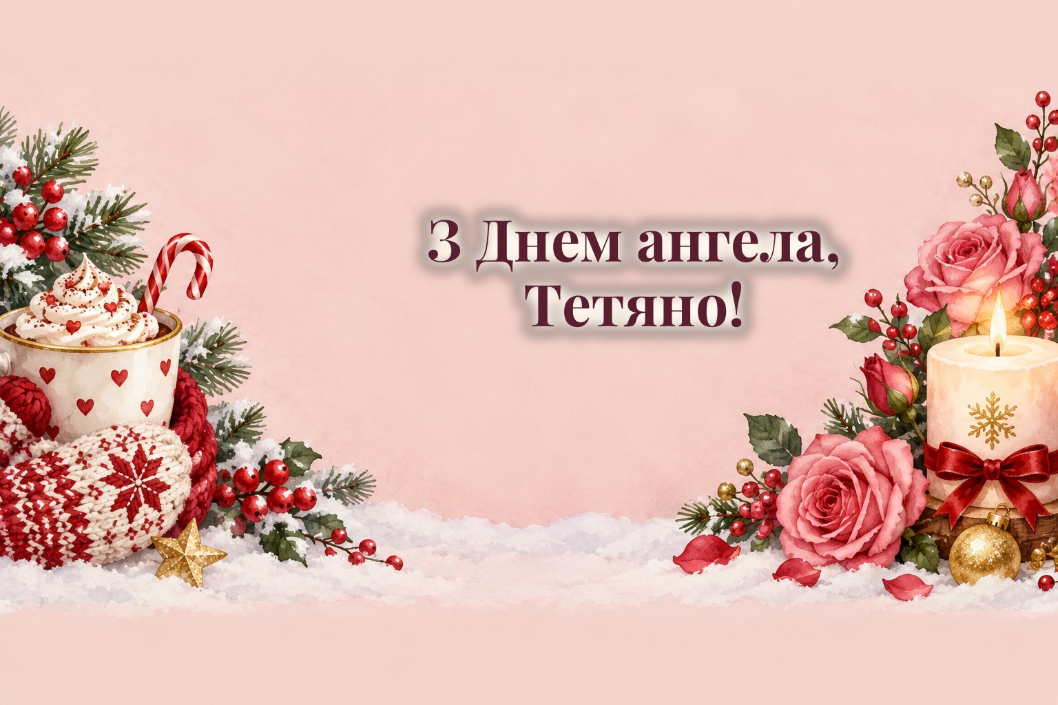 Листівки з Днем ангела Тетяни: зимові квіти, свічка і чашка какао