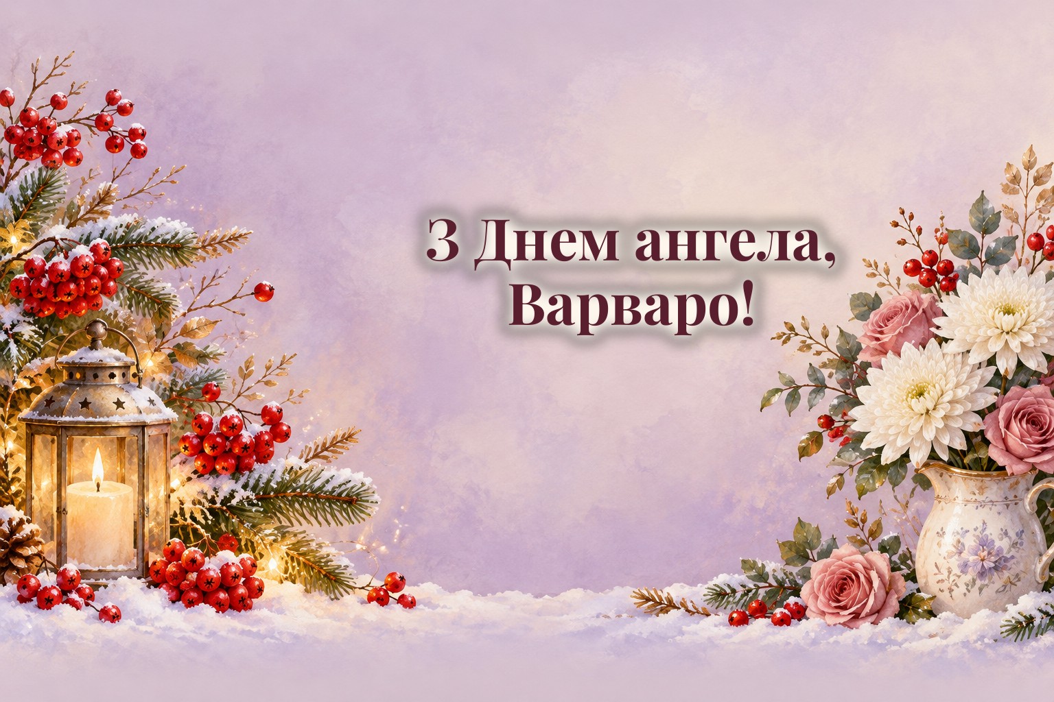 Листівки з Днем ангела Варвари: свічка, зимові ягоди і білі квіти