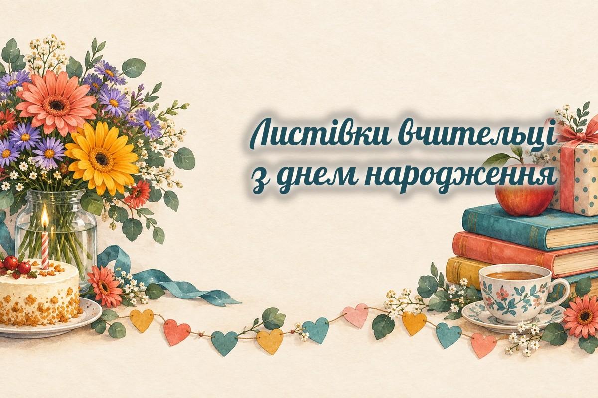 Листівки вчительці: айстри, торт, книжки і яблуко