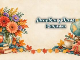 Листівки з Днем вчителя: айстри, книжки, яблуко і глобус