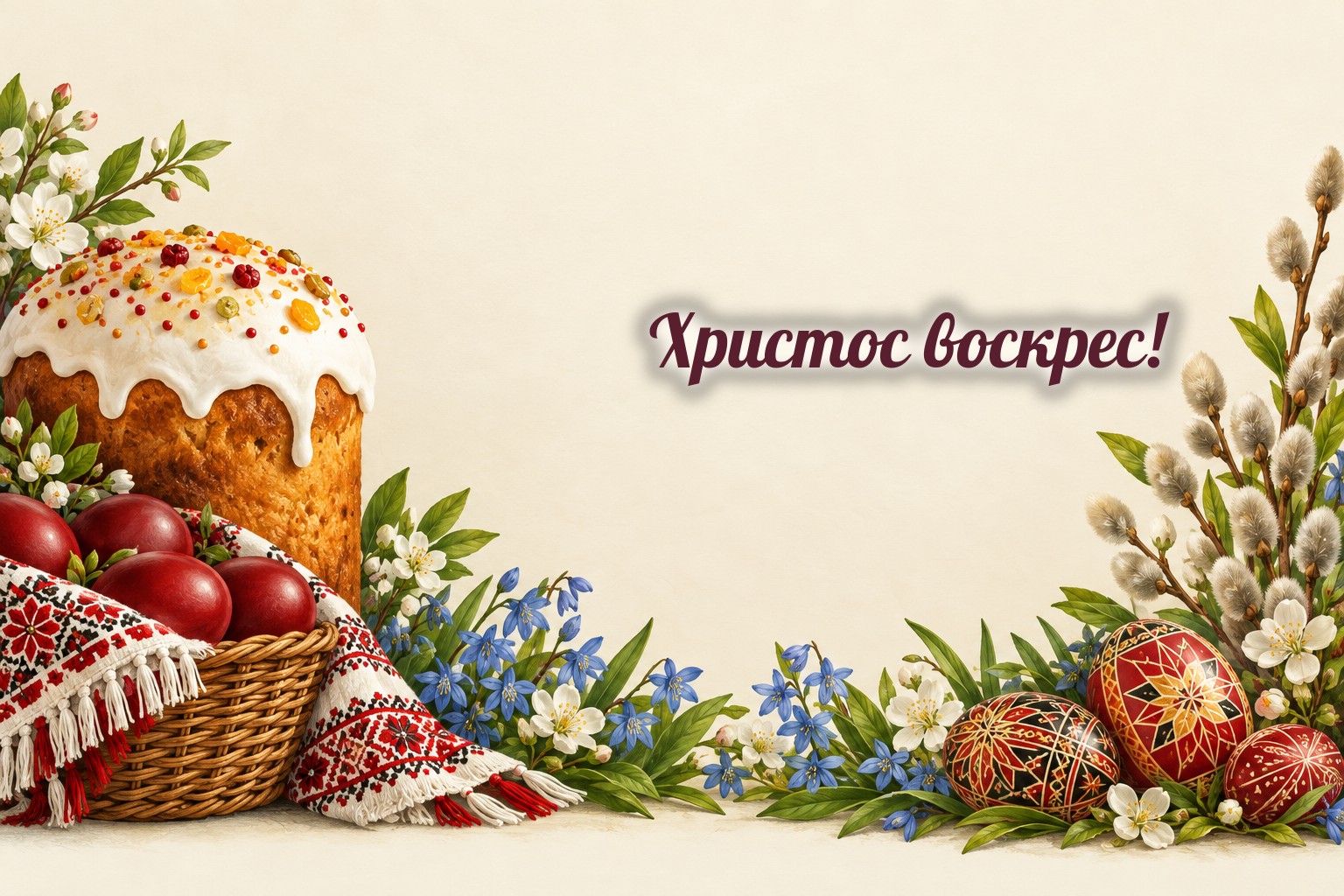 Листівки з Великоднем: паска, крашанки, писанки і вербові котики