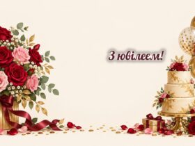 Листівки з ювілеєм жінці: букет троянд, святковий торт і золоті кульки