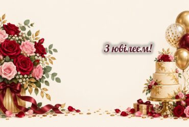 Листівки з ювілеєм жінці: букет троянд, святковий торт і золоті кульки