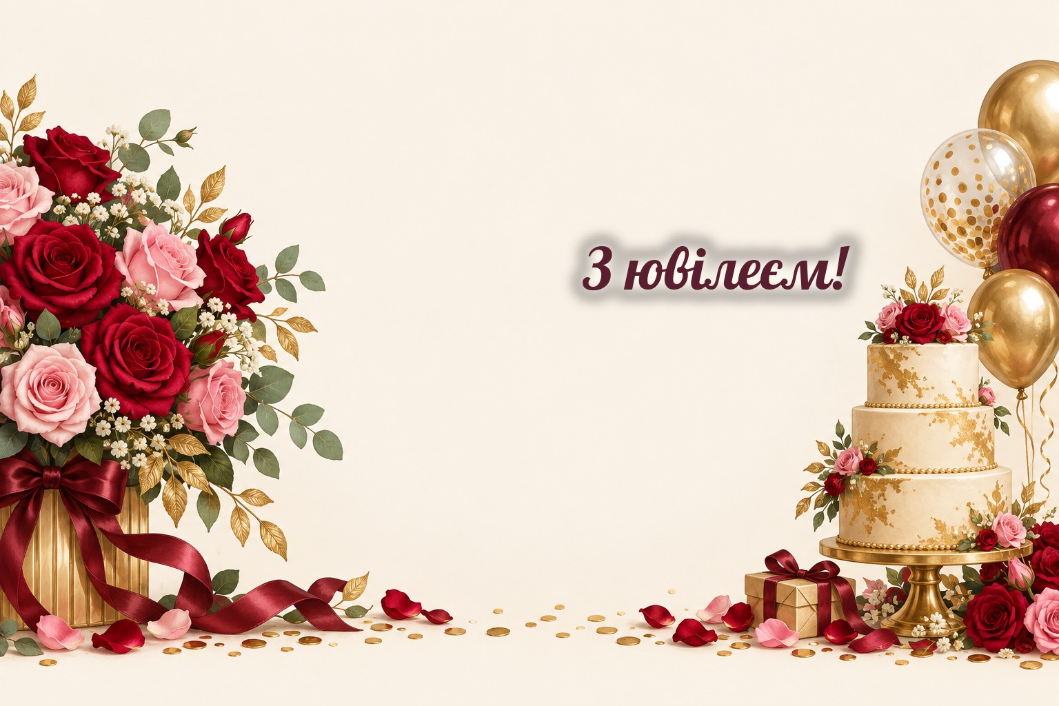 Листівки з ювілеєм жінці: букет троянд, святковий торт і золоті кульки