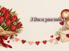 Листівки з Днем закоханих: червоні тюльпани, кава з сердечком і конверт із сургучем