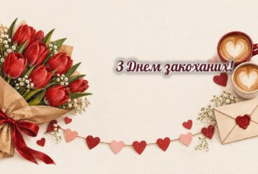 Листівки з Днем закоханих: червоні тюльпани, кава з сердечком і конверт із сургучем