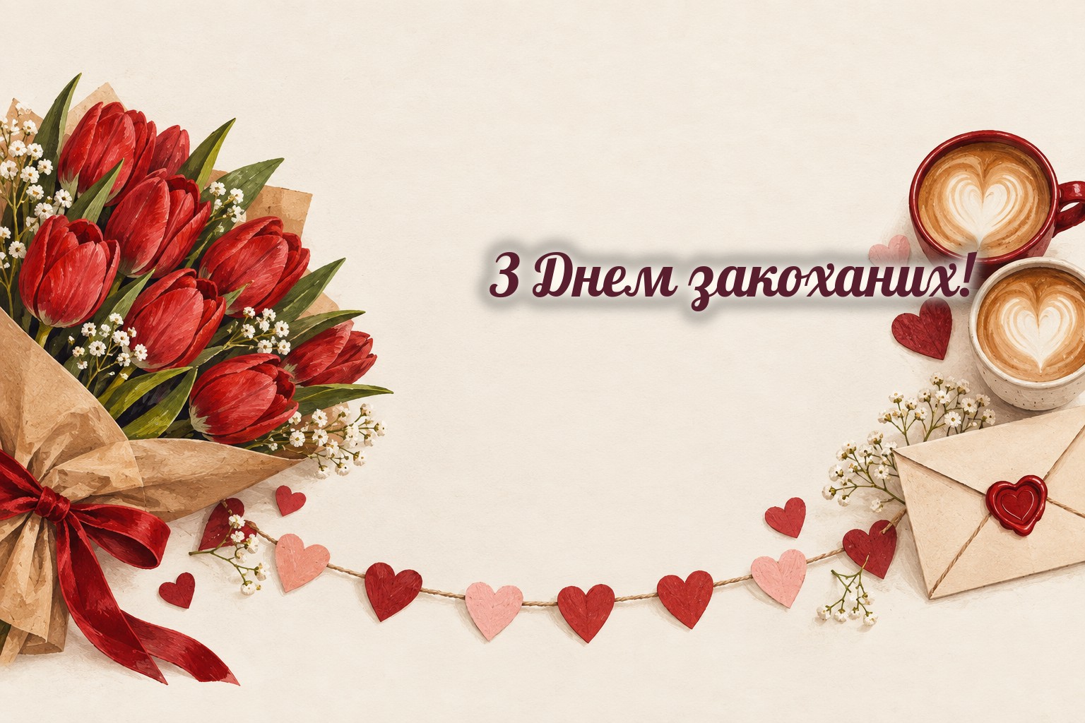 Листівки з Днем закоханих: червоні тюльпани, кава з сердечком і конверт із сургучем
