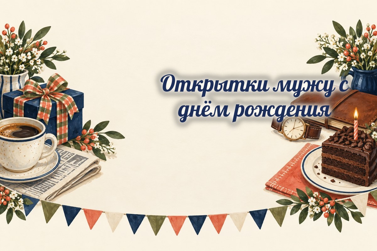 Открытки мужу: кофе, подарок, часы и торт