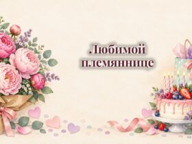 Открытки с днём рождения племяннице: букет пионов, торт и подарок