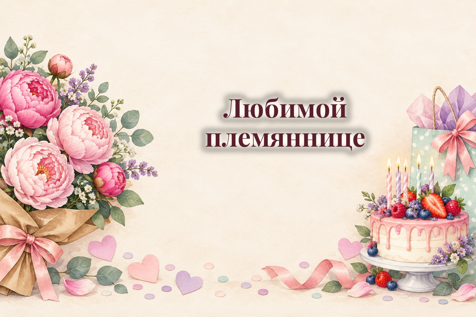 Открытки с днём рождения племяннице: букет пионов, торт и подарок