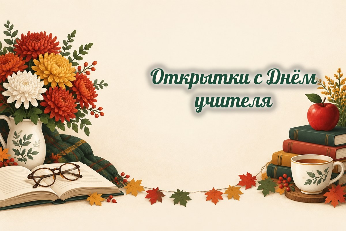 Открытки с Днём учителя: хризантемы, книга, доска и яблоко