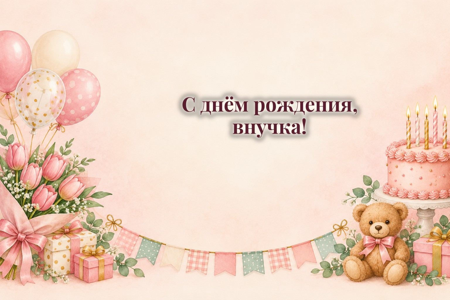 Открытки с днём рождения внучке: торт со свечами, шары и букет