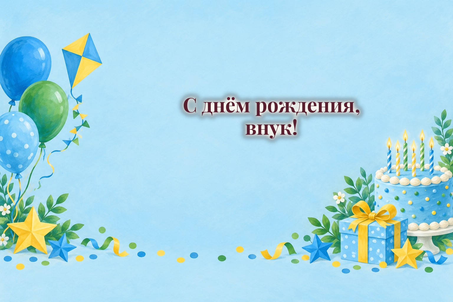 Открытки с днём рождения внуку: торт со свечами, шары и подарок