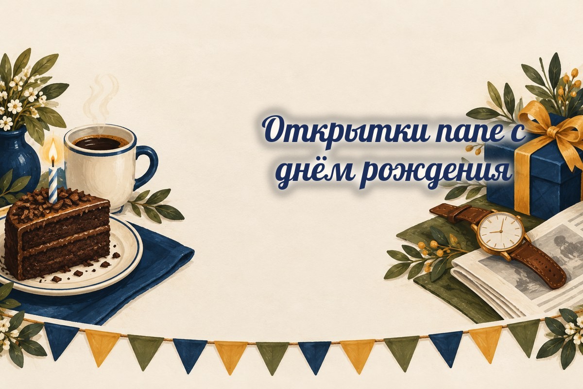 Открытки папе: торт, кофе, часы и подарок