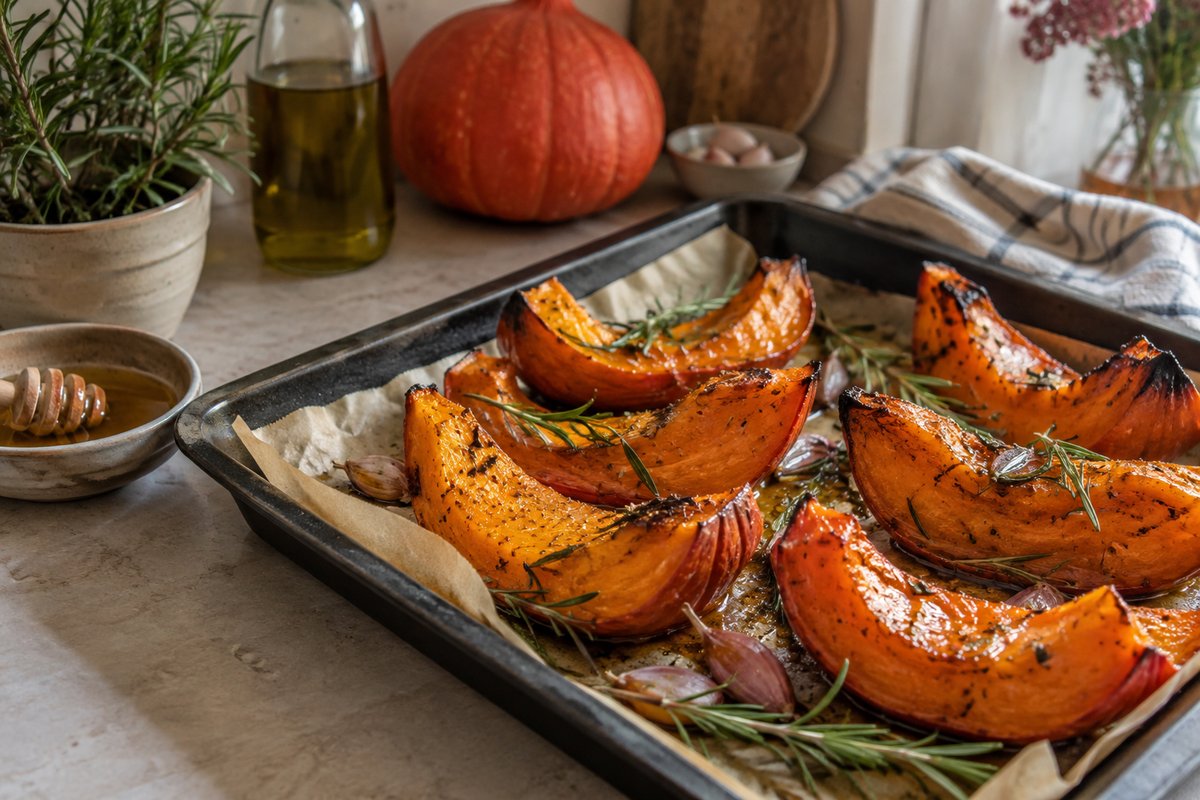 Печений гарбуз часточками з медом і розмарином