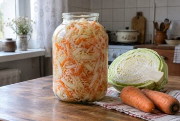 Квашена капуста з морквою у скляній банці на кухонному столі