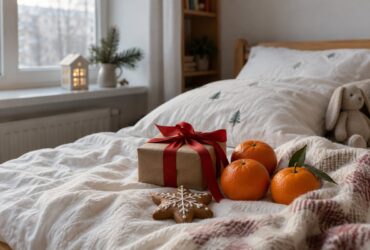 Подарунки на Миколая під подушкою: коробка з бантом і мандарини