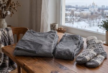 Комплект термобілизни з мериносової вовни на деревʼяному столі
