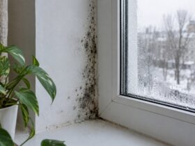 Темні плями цвілі на віконному укосі взимку